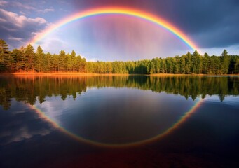 "Tranquility's Spectrum: Lake and Rainbow"