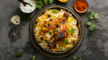 Hyderabadi Chicken Biryani, a flavorful delight in a flat metal bowl
