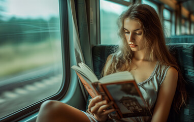 A young and serene woman, sitting on a train seat, is immersed in reading a book