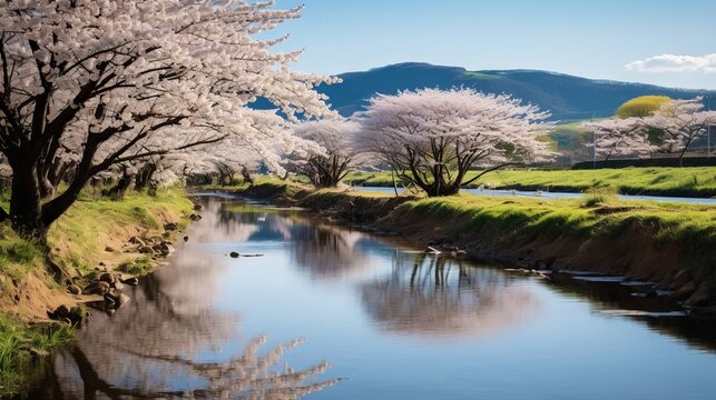 Japanese Springtime.The row of cherry trees along the Kannonjigawa River.Inawashiro,Fukushima,Japan.Late April