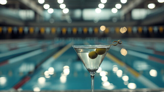 Cinematic wide angle photograph of a martini glass with an olive at an olympic pool venue. Product photography.