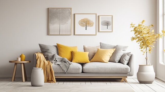Modern boho interior of living room at cozy apartment with gray sofa, honey yellow pillows and plaid, mock up paintings, rattan basket and design personal accessories. Stylish home decor.