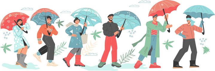 People at spring with umbrellas walking in puddles. Spring day walk. Men and women in raincoats with umbrellas in hands.