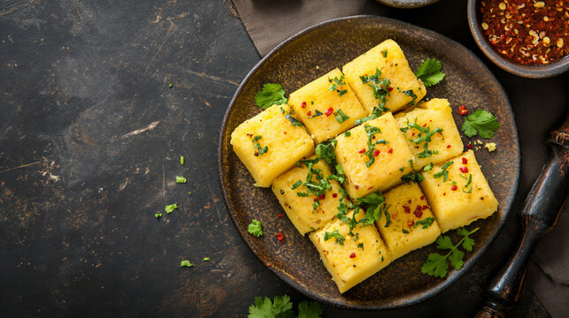 Top view of a delectable Gujarati Khaman Dhokla on a dark background