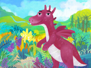 cartoon scene with forest jungle meadow wildlife with dragon dino dinosaur animal zoo scenery illustration for children © honeyflavour