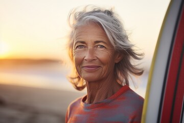 Portrait of smiling senior woman standing with surfboard on beach at sunset. Sport concept....