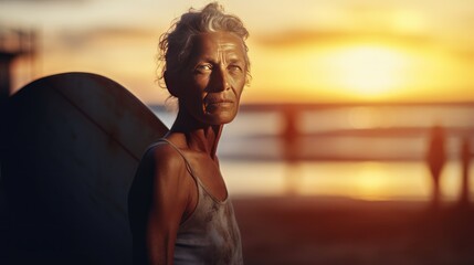 Portrait of senior woman with surfboard standing on the beach at sunset. Sport concept. Vacation and Travel Concept with Copy Space.
