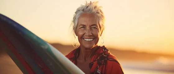 Foto op Plexiglas Portrait of smiling senior woman with surfboard on beach at sunset. Sport concept. Vacation and Travel Concept with Copy Space. © John Martin