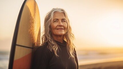 Portrait of senior woman with surfboard on the beach at sunset. Sport concept. Vacation and Travel...