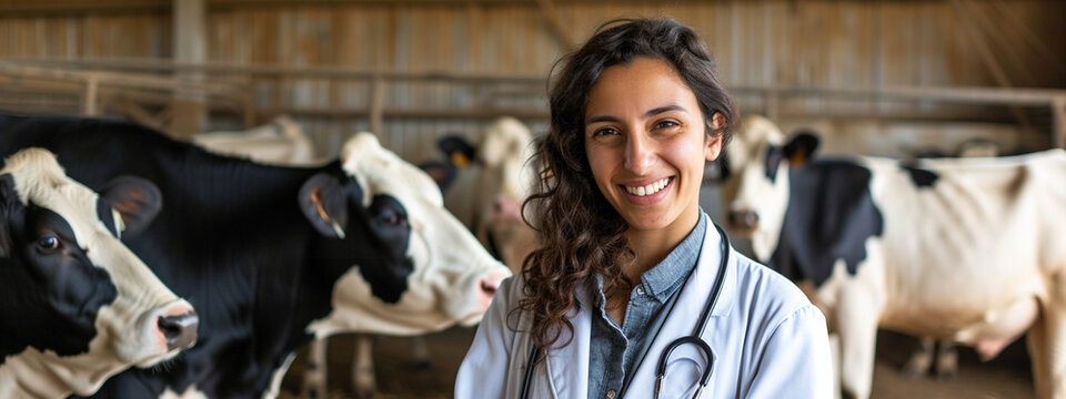 veterinarian examines cows in the background