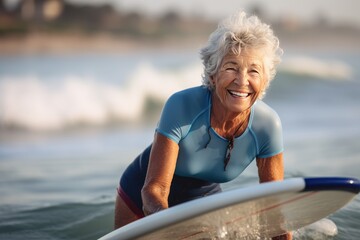 Portrait of smiling senior woman with surfboard in ocean on a sunny day. Sport concept. Vacation and Travel Concept with Copy Space.