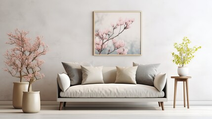 Panorama of armchair and grey sofa in natural living room interior with flowers. Real photo