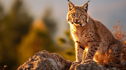 Side view of Iberian lynx poised on a rocky outcrop in natural habitat in blurred background