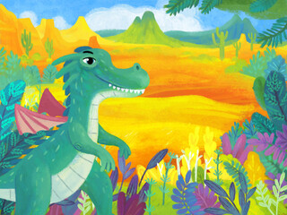 cartoon scene with forest jungle meadow wildlife with dragon dino dinosaur animal zoo scenery illustration for children