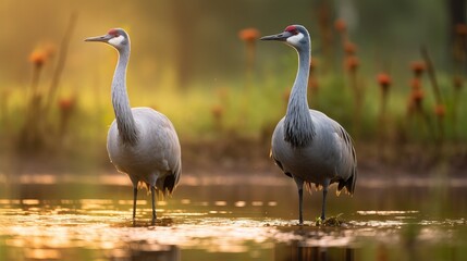 Two foraging Cranes, Grus grus, in natural habitat of a semi-open wet stream valley landscape with swamp vegetation and scattered shrubs and trees against a hazy tree background