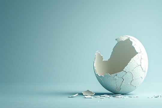 white eggshell cracked open, revealing vibrant orange yolk on blue background