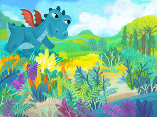 Naklejka na ściany i meble cartoon scene with forest jungle meadow wildlife with dragon dino dinosaur animal zoo scenery illustration for children