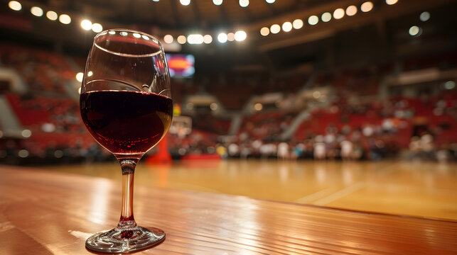 Cinematic wide angle photograph of red wine glasse ar a basketball court. Product photography.