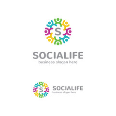 Social Life People Team Colorful Logo Icon Vector. Community Care Logo Template vector. Happy people. Letter S inside.