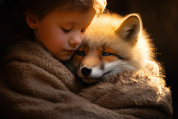 Obraz premium Toddler boy tenderly hugs his furry pet red cute fox