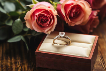 An Engagement ring in an open velvet gift box beside a bouquet of roses, set on a rustic wooden...