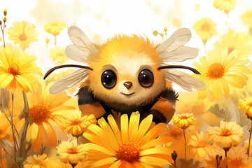 Kawaii, fluffy bumblebee with bright eyes, peeking from behind a cluster of wildflowers