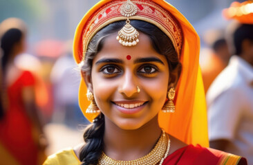 Portrait of beautiful Indian girl, young hindu. Navratri or Gudi Padwa.