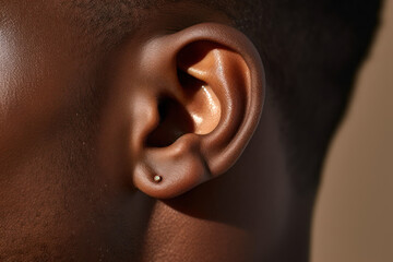 
Macro shot of a delicate gold stud earring in the ear of a man with a dark skin tone