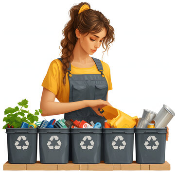 A middle-aged woman sorting recyclables in the kitchen isolated on white background, isometry, png
