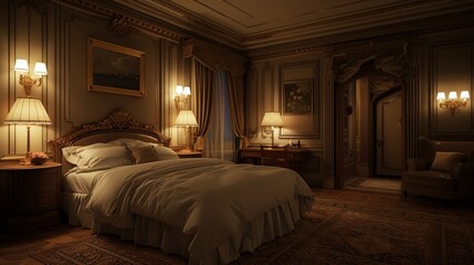 A spacious bedroom with a king-sized bed and soft lighting..