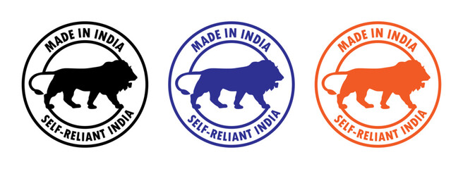 Made in India stamp icon set. Self-Reliant India in black, blue and orange color. Made in India symbol icon set for Indian products and industrial usage isolated on white background.