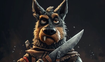 caricature dog holding knife in its mouth dog warrior - obrazy, fototapety, plakaty