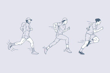 Fototapeta na wymiar Set of outline illustrations of running sports men