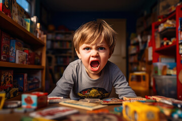 
Photo of a 3-year-old boy, American, in a playroom, angry because he lost a game