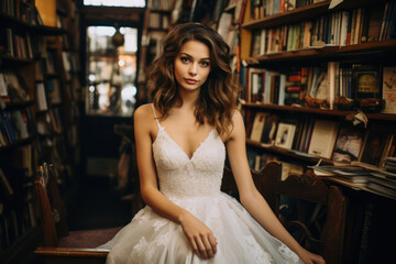 Naklejka premium Photo of a 30-year-old Caucasian bride in a chic knee-length dress, posing in a charming antique bookshop