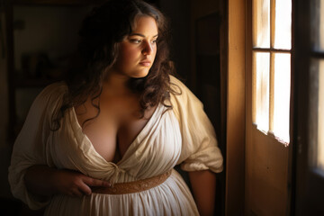 Obraz na płótnie Canvas Photo of a plus-size, 28-year-old Mediterranean bride in a simple, beautiful dress, in a rustic barn with soft lighting