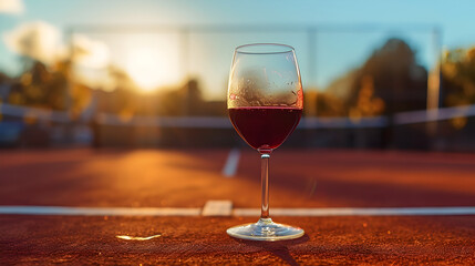 Cinematic wide angle photograph of red wine glasse at a tennis court. Product photography.