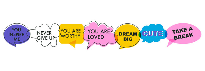 A set of bright speech bubbles with compliment phrases, self love quotes. Banner, poster, sticker concept. Modern risographic style elements for design. Vector overlay illustration on white - obrazy, fototapety, plakaty