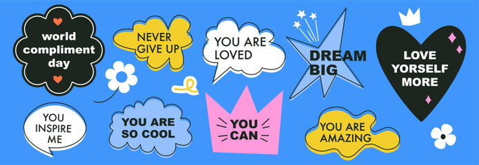 A set of bright speech bubbles with compliment phrases, self love quotes. Cartoon icons. Banner, poster, sticker concept. Modern elements for design. Vector illustration on blue. Groovy style - obrazy, fototapety, plakaty