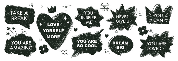 A set of hand drawn speech bubbles with compliment phrases, self love quotes. Banner, poster, sticker concept. Modern elements for design. Vector illustration on white. Scribble style