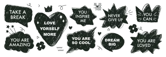 Foto op Plexiglas A set of hand drawn speech bubbles with compliment phrases, self love quotes. Banner, poster, sticker concept. Modern elements for design. Vector illustration on white. Scribble style © Mariia