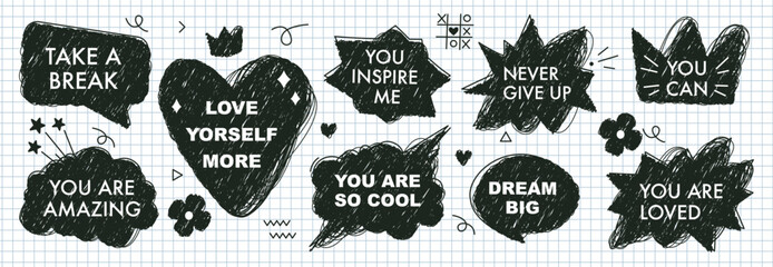 A set of hand drawn speech bubbles with compliment phrases, self love quotes. Banner, poster, sticker concept. Modern elements for design. Vector illustration in a check notebook. Scribble style