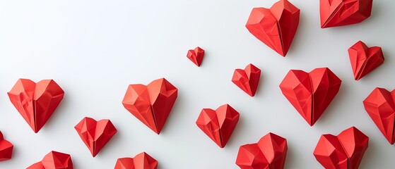A minimalist design of geometric heart shapes crafted from vibrant, red paper, carefully placed on a clean, white surface. 