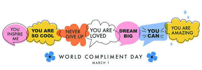A set of bright speech bubbles with compliment phrases, self love quotes. Banner, poster, sticker concept. Modern elements for design. Vector illustration on white. World Compliment Day - 729344353