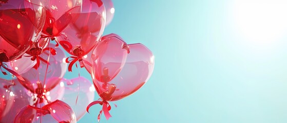 A playful background of red and pink balloons tied with satin ribbons, floating against a sky-blue backdrop. 