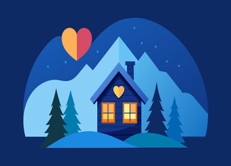A cozy cabin with a heart-shaped window overlooking a snowy landscape. vektor illustation