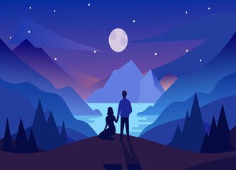 Fototapeta premium A couple's silhouettes stargazing in a remote location. vektor illustation