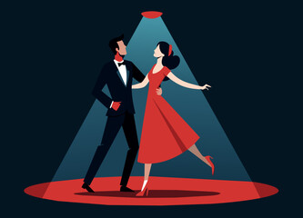A couple dancing under a spotlight with elegant attire. vektor illustation