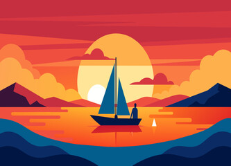 Fototapeta premium A romantic sunset cruise on a sailboat. vektor illustation