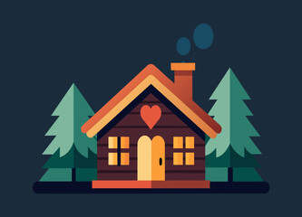 A cozy cabin with a heart-shaped stone fireplace. vektor illustation